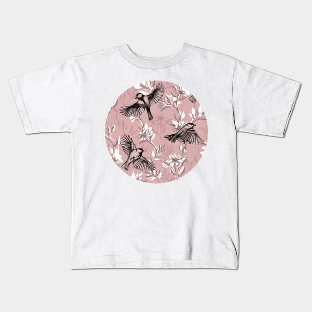 Flowers and Flight in Monochrome Rose Pink Kids T-Shirt by micklyn